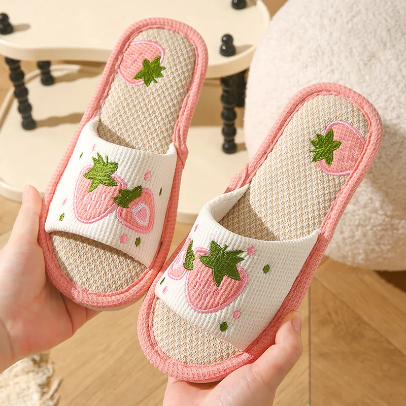 Strawberry Linen Women Slippers Home Open-Toe Designer Summer Girls Indoor Slides Non-Slip Soft Silent Breathable House Slippers view 4