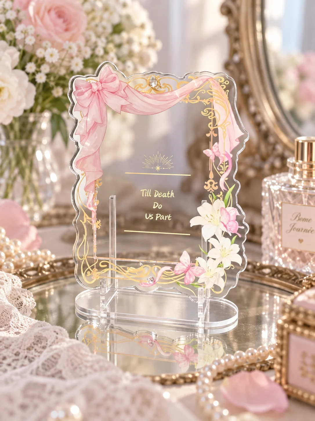 Wedding Bow Floral Acrylic Photo Frame for 3 Inch Mini Cards Polaroid Pictures Cute Desktop Display Stand Decoration