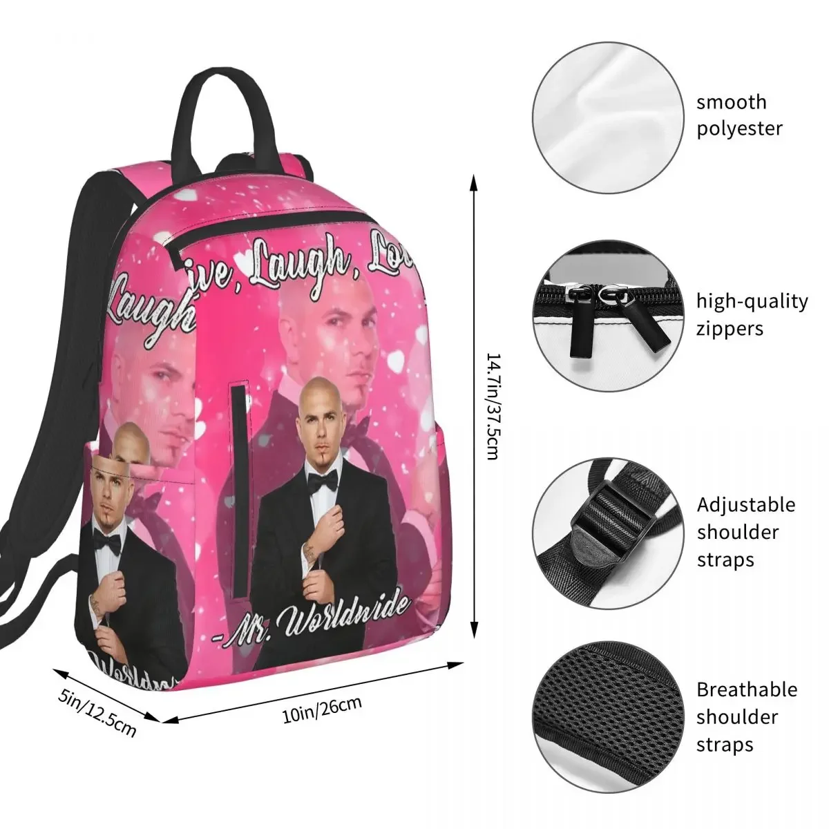 Mr. Worldwide Says To Live Laugh Love Pink Student Backpack School Bag Hiking Travel Daypack for Men Women Bookbag Shoulder Bags