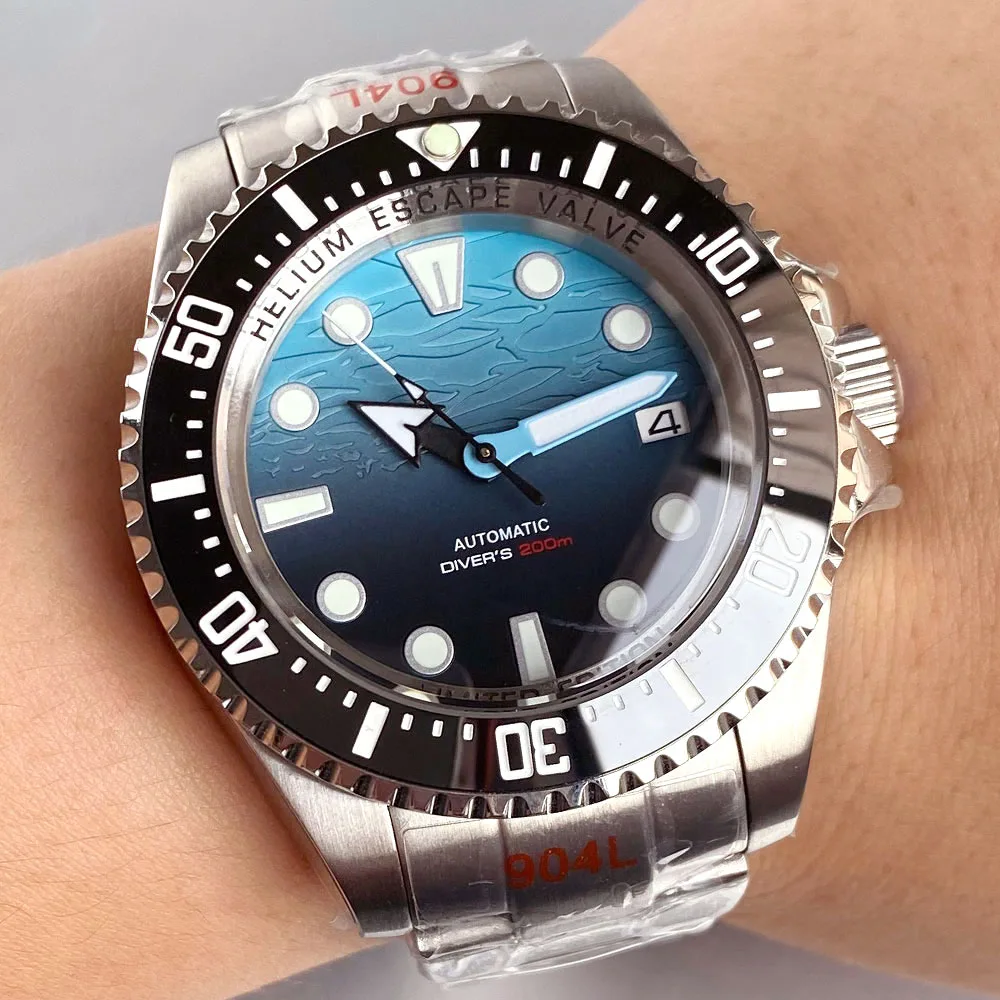 

Tandorio 43MM NH35 Men's Mechanical Watch Helium Device Blue Ocean Wave Pattern Dial Green Luminous 10BAR Diver Sapphire Crystal