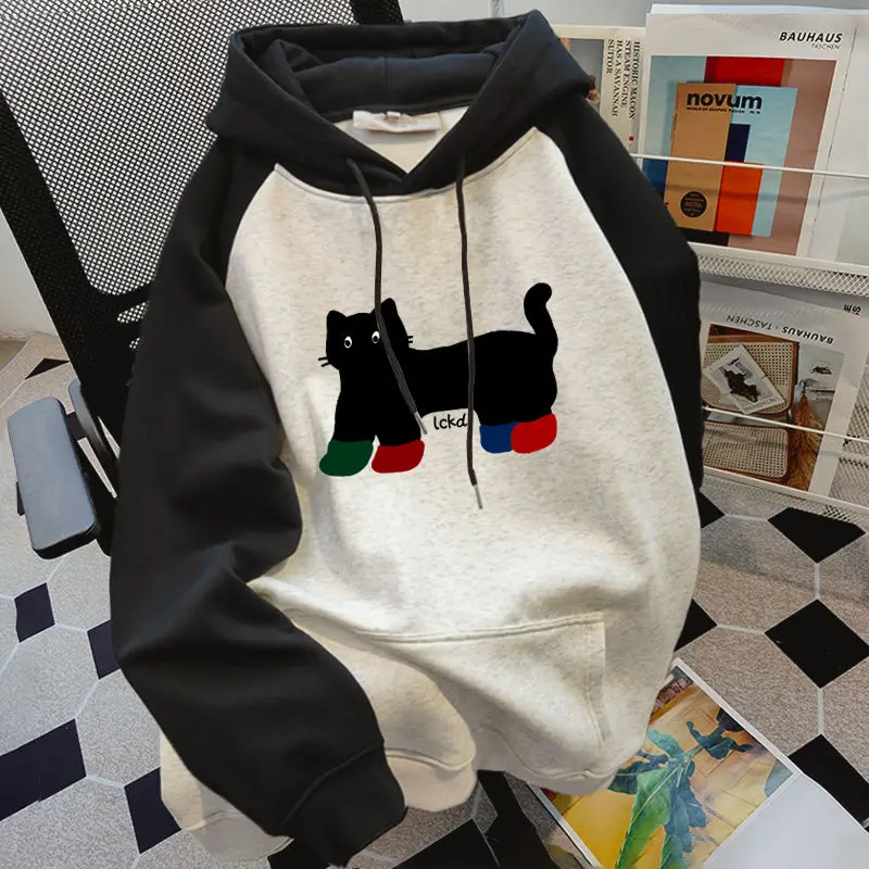 American style autumn and winter men and women trendy personality kitten print hoodie student retro loose Harajuku casual top