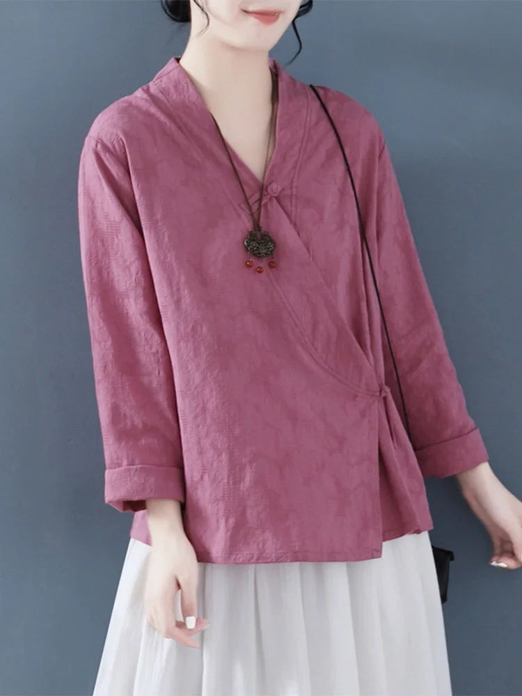 

Свободный крой Long Sve, хлопок и лен, китайский топ на пуговицах, винтажный женский топ на пуговицах сбоку, деловой повседневный топ