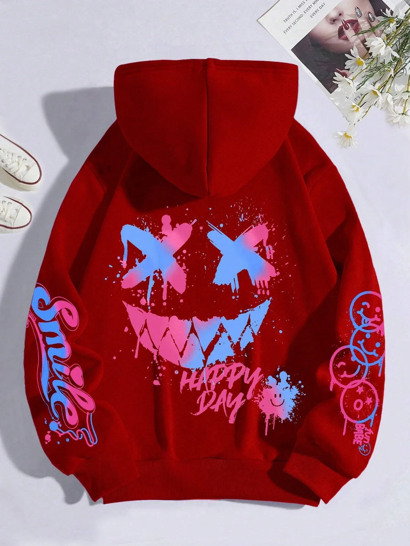 Happy Day Graffiti-Print Damen Hoodie Street Hip Hop Hoody Mode Rundhals Vielseitige Hoodies Vintage Oversize Kleidung für Frauen – Detail 8