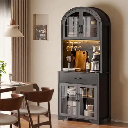 Arched Kitchen Pantry Storage Cabinet, Black Wooden Coffee Bar Cabinet with Drawers, Kitchen Hutch Dining Room Storage
