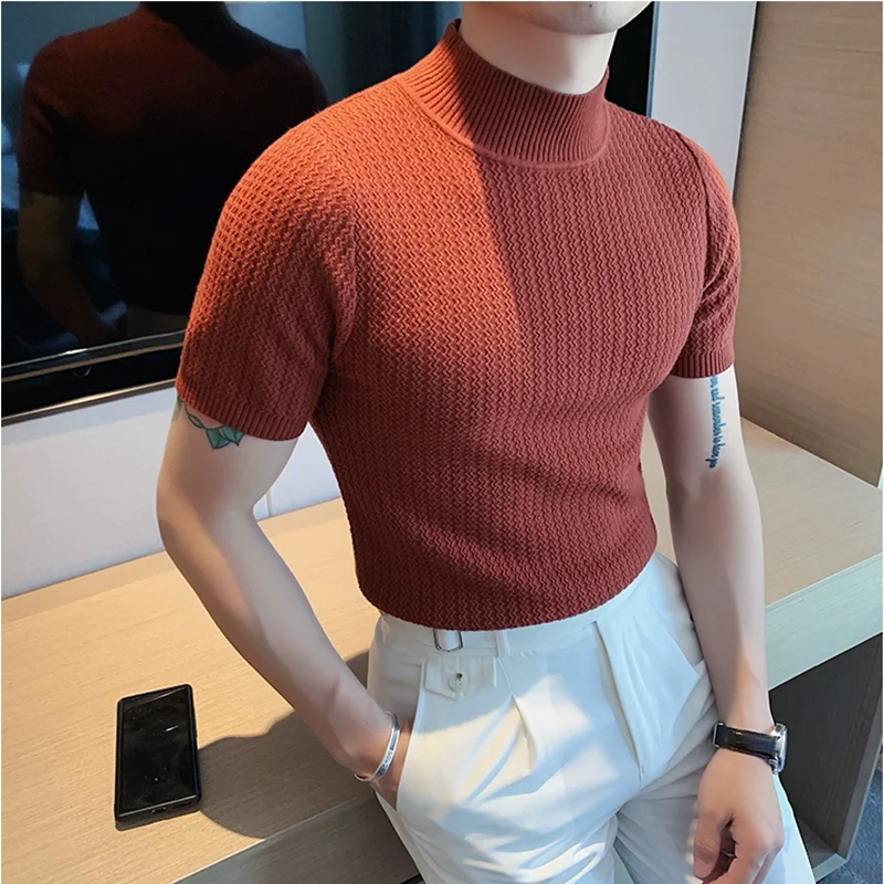 Autumn Winter New Half High Neck Sweaters For Men Fashion Korean Luxury Short Sleeve Knitted Casual Stretch Pullover Homme 4XL-M