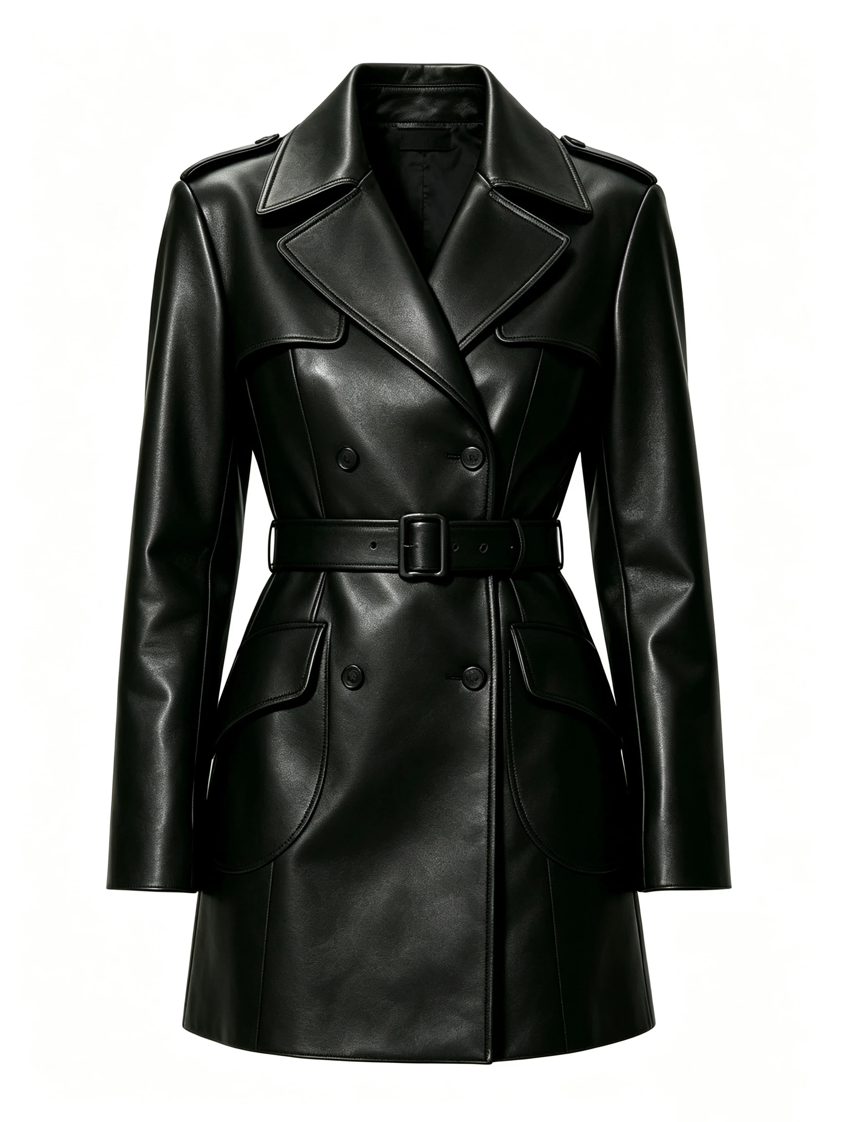 Women's Faux Leather Trench Coat with Zip Front and Belted Waist