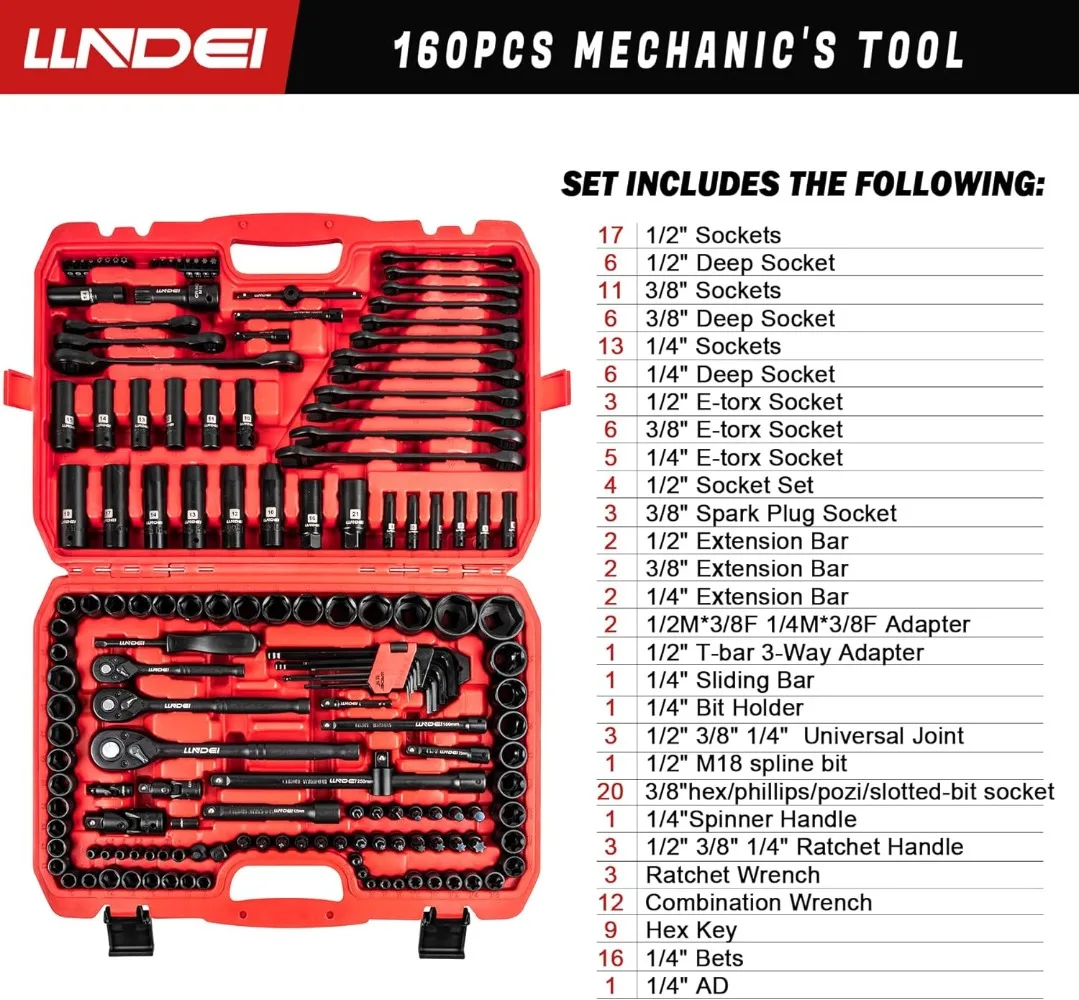 160-Piece Mechanics Tool Set, Metric Socket Set 1/2 1/4 3/8 Inch Drive Professional Tool Kit, CR-V Deep & Shallow Kit