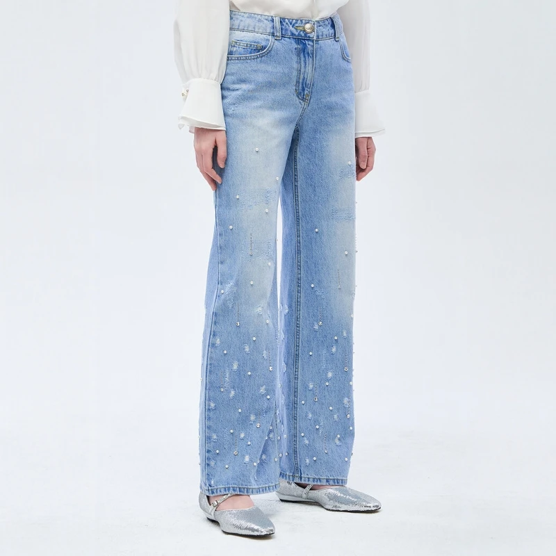 

Elegant High Waist Straight Leg Denim Jeans Pearl Embellished Distressed Cotton Blend Business Casual Women's Spring Fashion