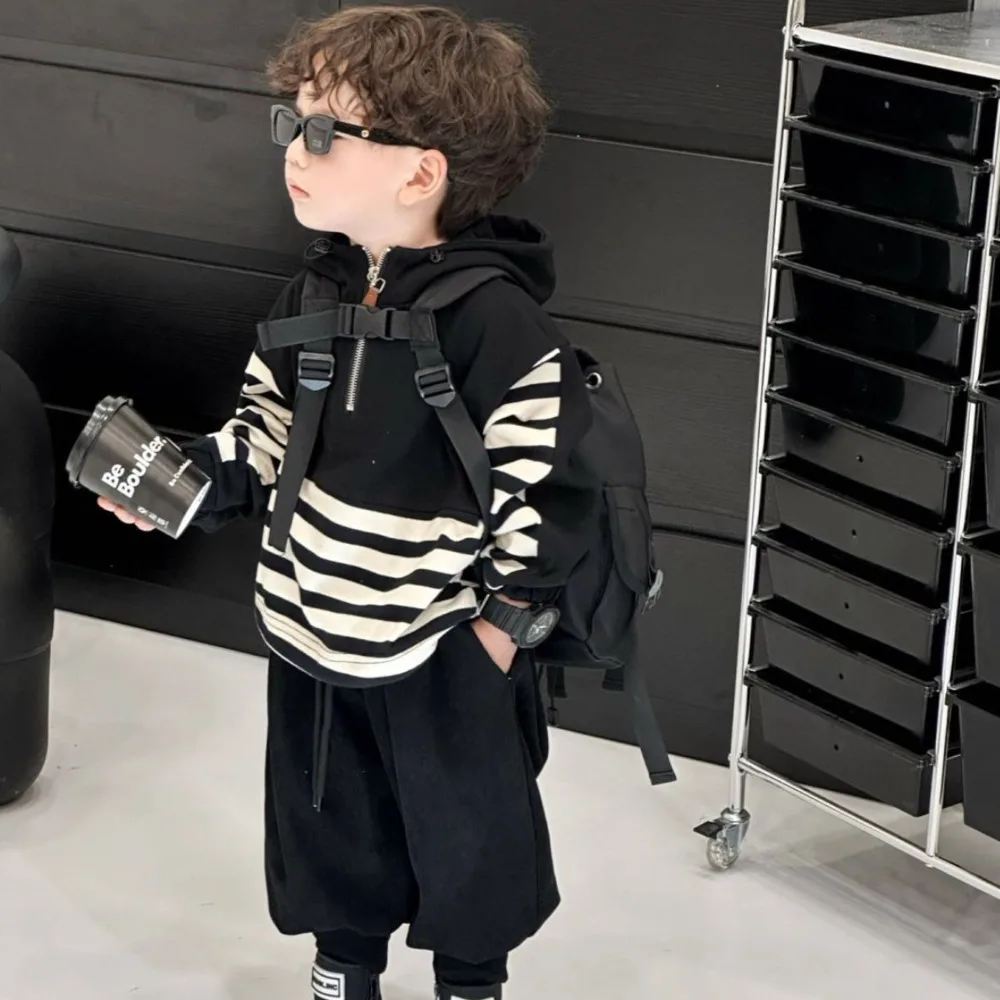 Boys' Sets Hoodies Pants Two-piece Spring Autumn Suits Korea Fashion Stripe Zipper Hooded Loose Coat Cargo Pants Children's Set