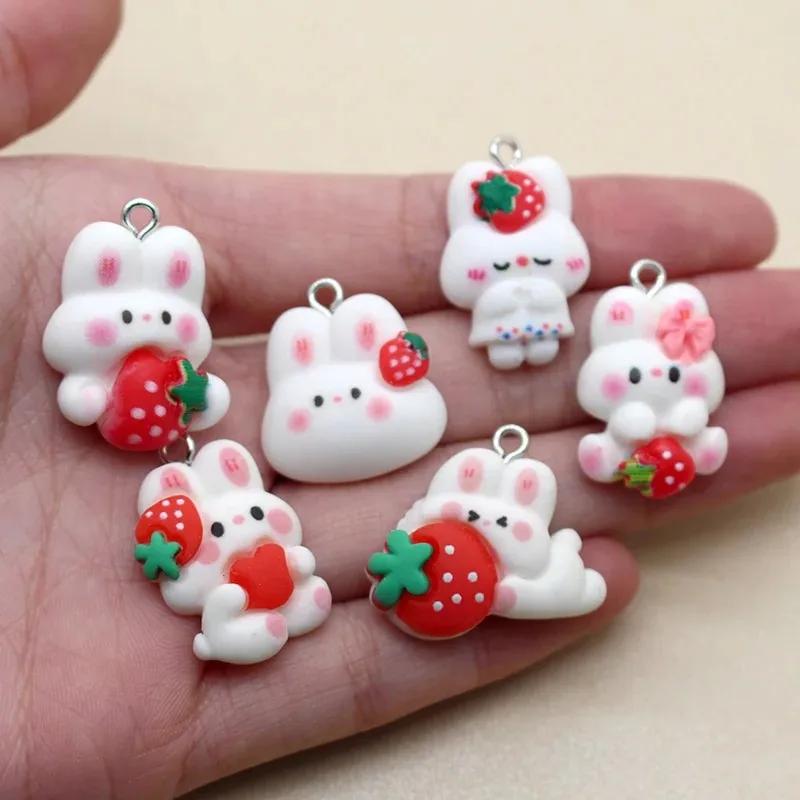 10pcs/Lot Cute Strawberry Rabbit Resin Charms For Earring Keychain Pendant Making Diy Cartoon Charms Jewelry Findings