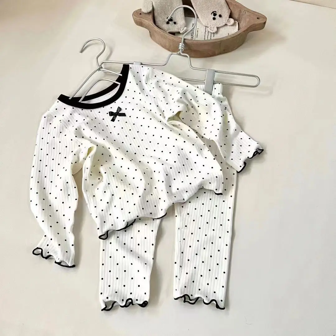 Korean Girls' Loungewear Set - Dot Bow Pajamas & Soft Cotton Homewear | Fall Toddler Outfit  Toddler Girl Clothes