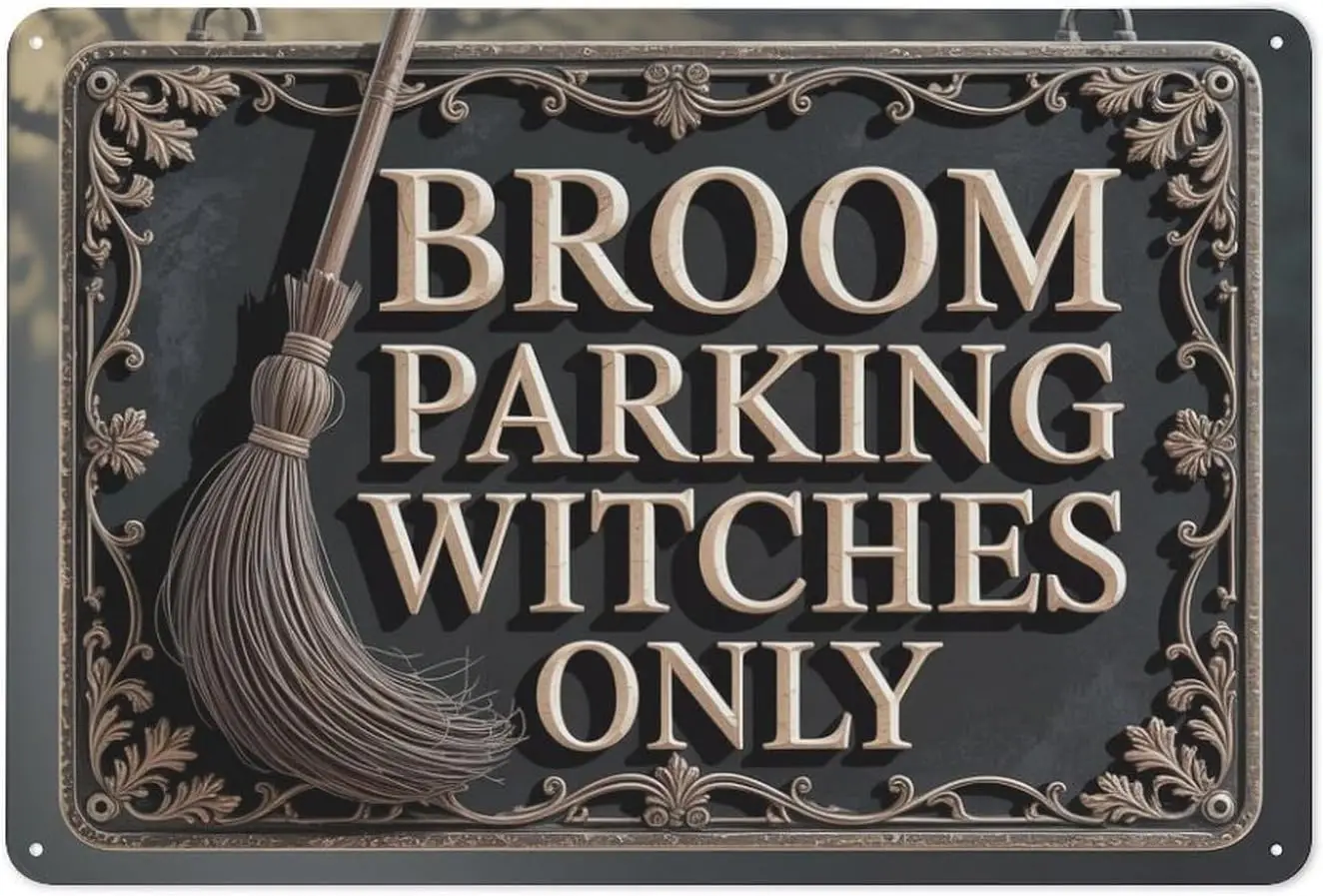 Besen Parking Witches Only Blechschild Vintage Halloween Metallschild Druck Geeignet für Zimmer Badezimmer Höhle Bar Café Garage Garten ein