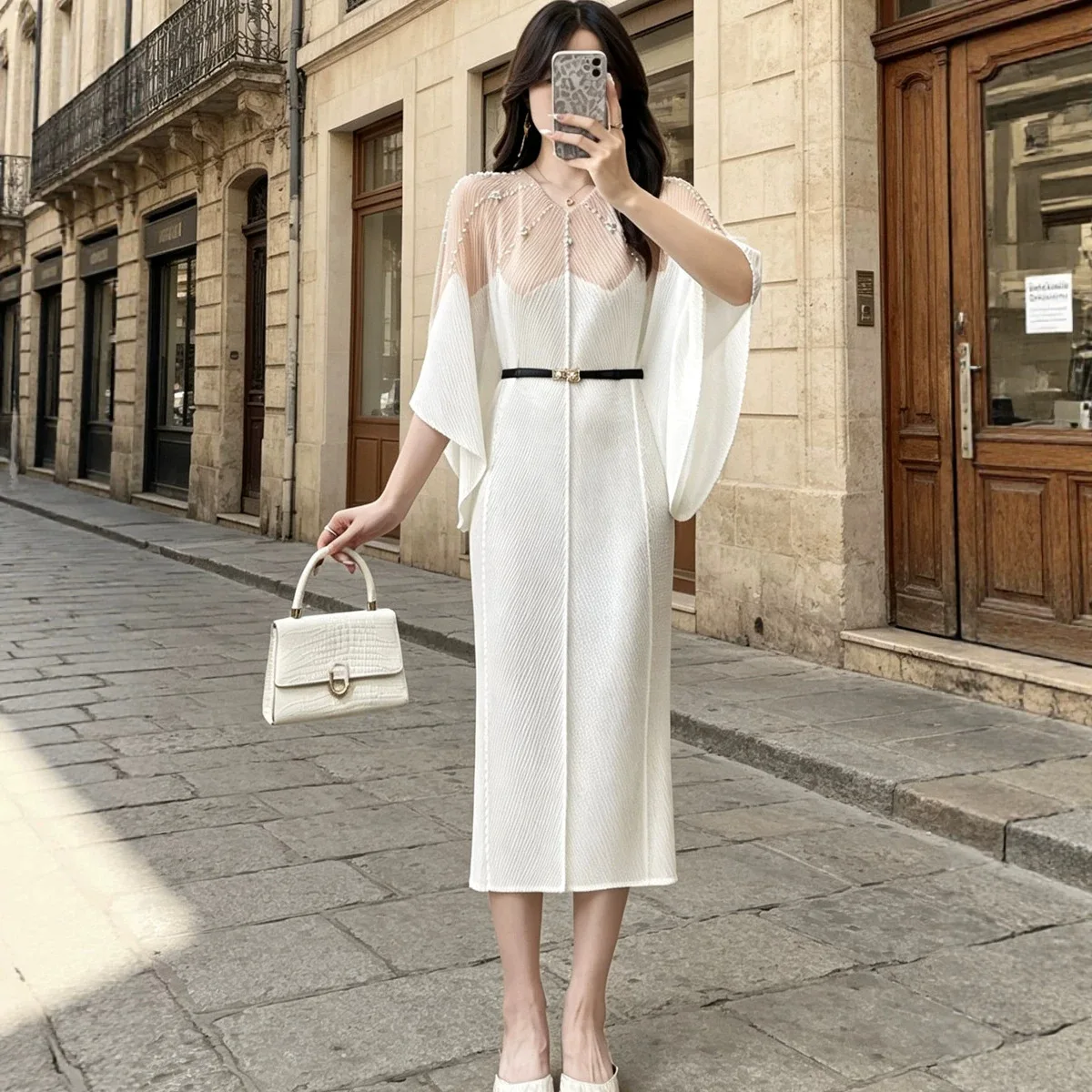 Miyake Fish Scale Pleated Beaded Collar Dress for Women Colorblock Batwing Sleeve Waist Belt Loose Elegant Midi Dresses