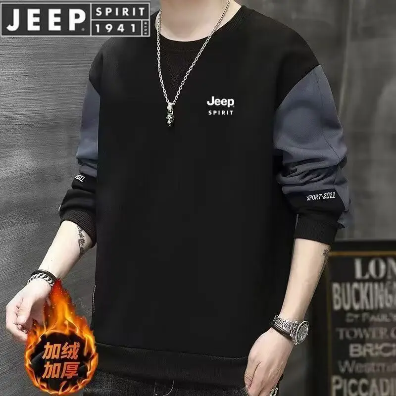 JEEP 2026 Autumn Winter Men's Hoodie, Thick Fleece Lined Crew Neck Sweatshirt, Versatile Casual Long Sleeve Base Layer Top — купить у AliExpress WW