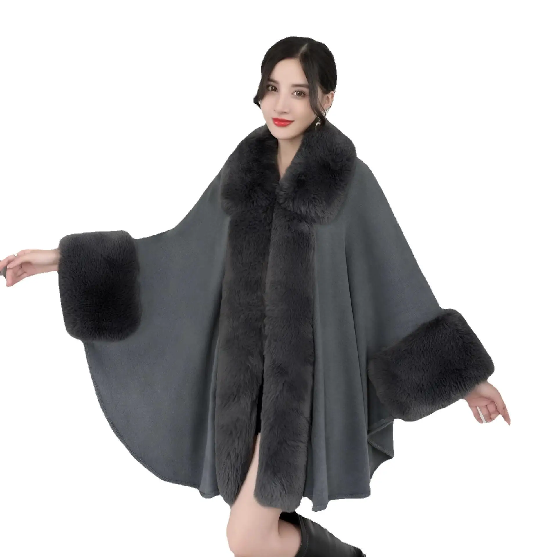 Faux Fur Trim Cardigan Cloak Shawl Wraps Winter Poncho Cape Women Luxury Bridal Coat Sweater Long Sleeves Open Front Outwear