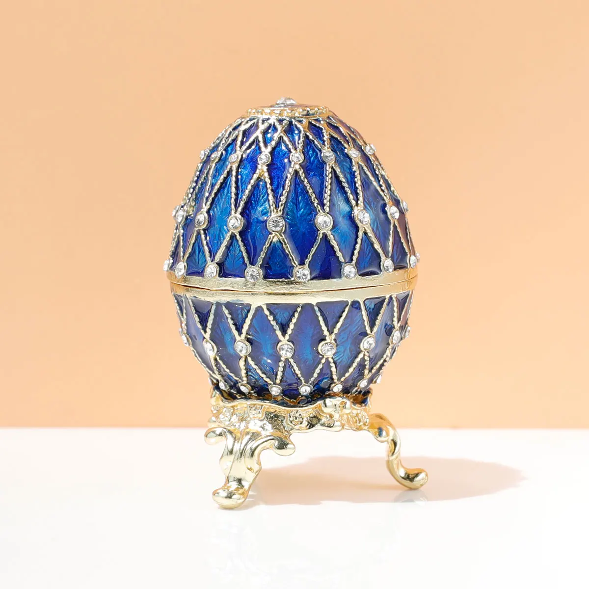 SUSUZUKU 1 PC Blue Faberge Egg Ornaments Collectible,Hand-Painted Easter Egg Crystal Jeweled Trinket Jewelry Box Hinged