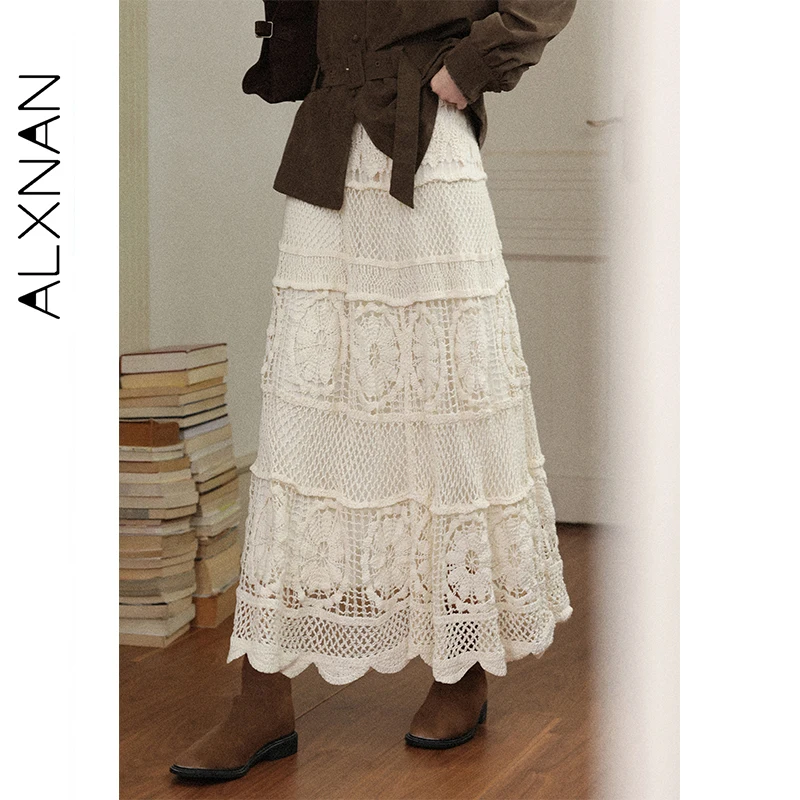 

ALXNAN Бежевые юбки Кружевные ажурные эластичные юбки трапециевидной формы с высокой талией Элегантные нежные универсальные женские юбки средней длины L57751