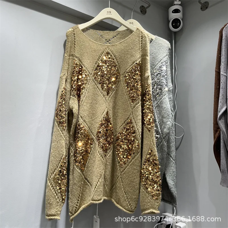 [ZOCI] Versatile Knitwear, Women's Autumn High-end Diamond Checkered Sequin Hollowed Out Light Luxury Loose