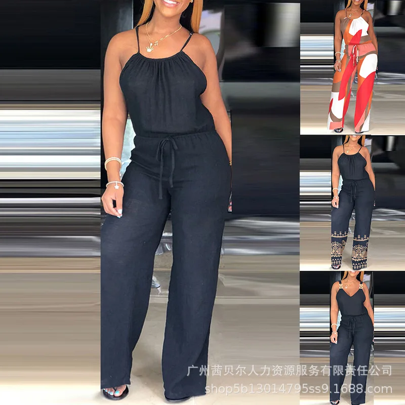 Women's Sleeveless Solid Color Cotton And Linen Drawstring Casual Jumpsuit