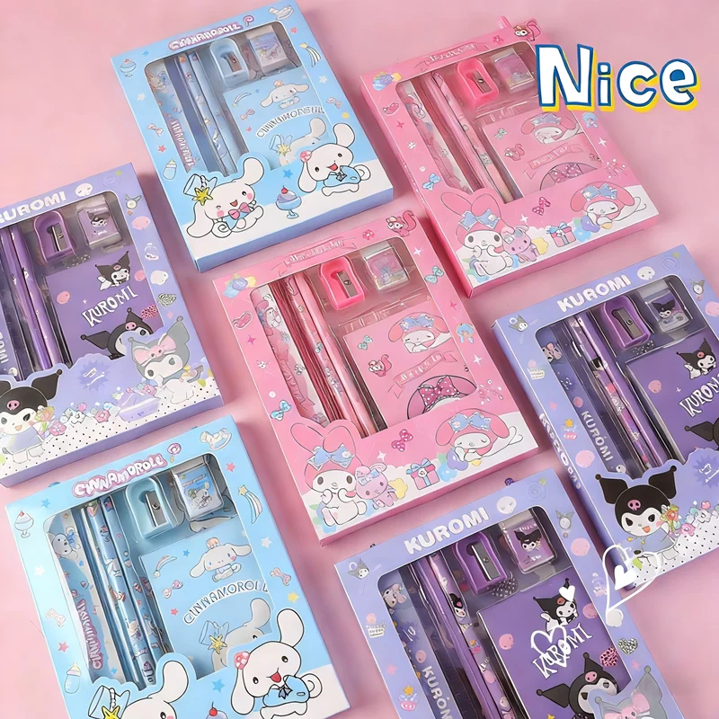 

6Pcs/set Hello Kitty Stationery Sets Anime Cartoon Kuromi Cinnamoroll Eraser Pencil Sharpener Student School Supplies Gifts Box