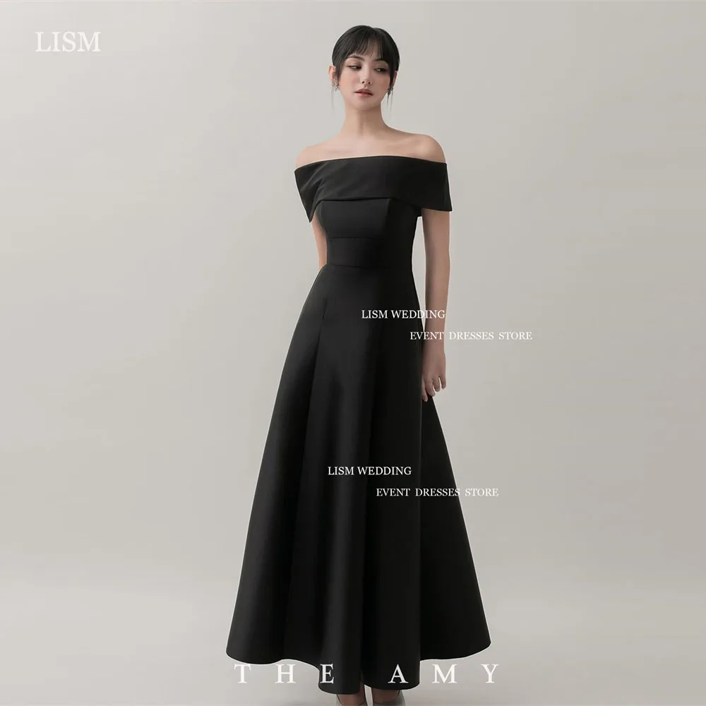 LISM-vestido de noche de satén negro Simple para mujer, línea A, sesión de fotos de Corea, hombros descubiertos, longitud hasta el tobillo, vestido para ocasiones florales