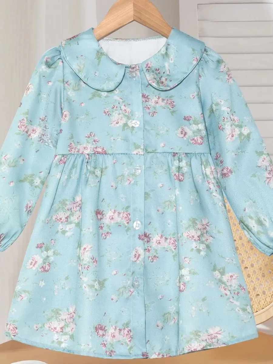 خريف جديد وصول الأزهار طباعة الياقات اللباس أنيق فستان الأميرة الطفل الفتيات اللباس المألوف لباس غير رسمي