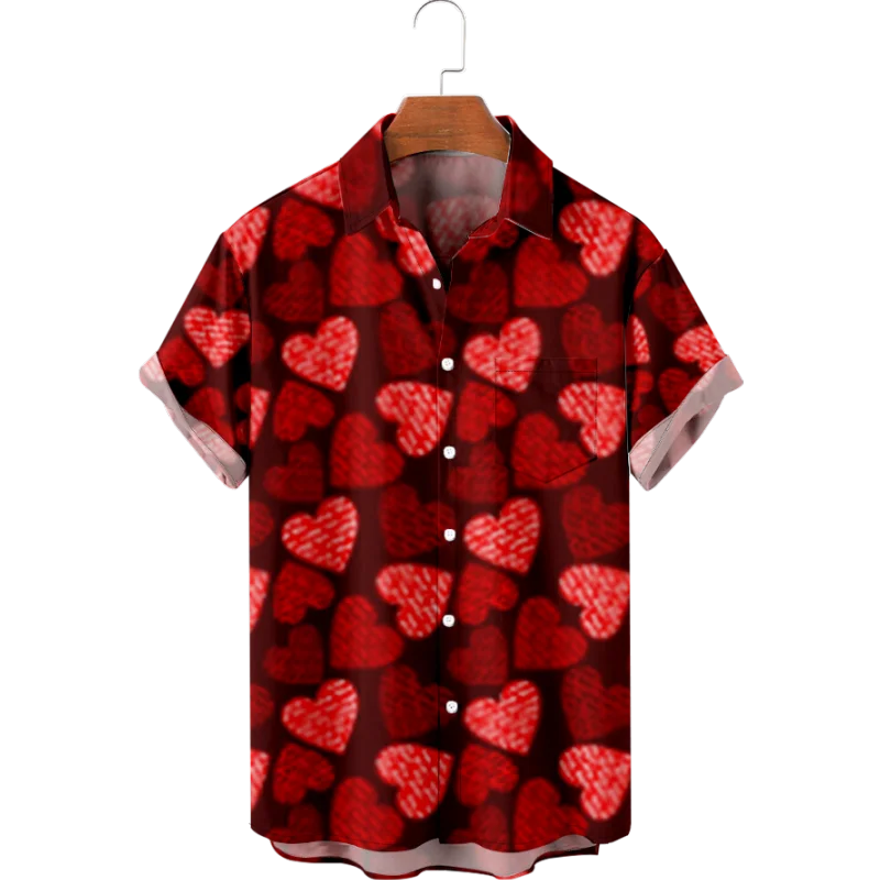 High Quality 3D Print Mens Custom Pink Heart Shirt New Fashion Printing Summer Hawaiian Beach Shirts For Men