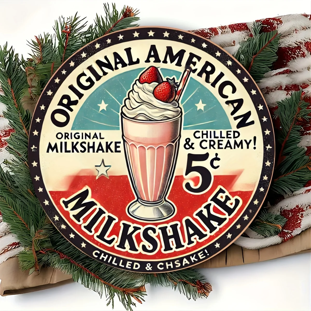 1pc Retro Aluminum Round Sign, Vintage Milkshake & Ice Cream Foam Art, Rustic Multifunctional Home Decor Plaque, Ideal for Laund