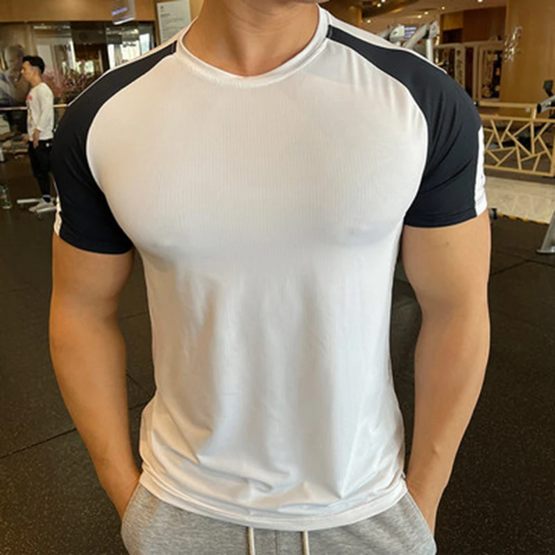 Summer Men Sports T-shirt Quick Dry Short Sleeve Tops Running Training T Shirt Elastic Sport Shirt Fitness Gym Clothing For Man