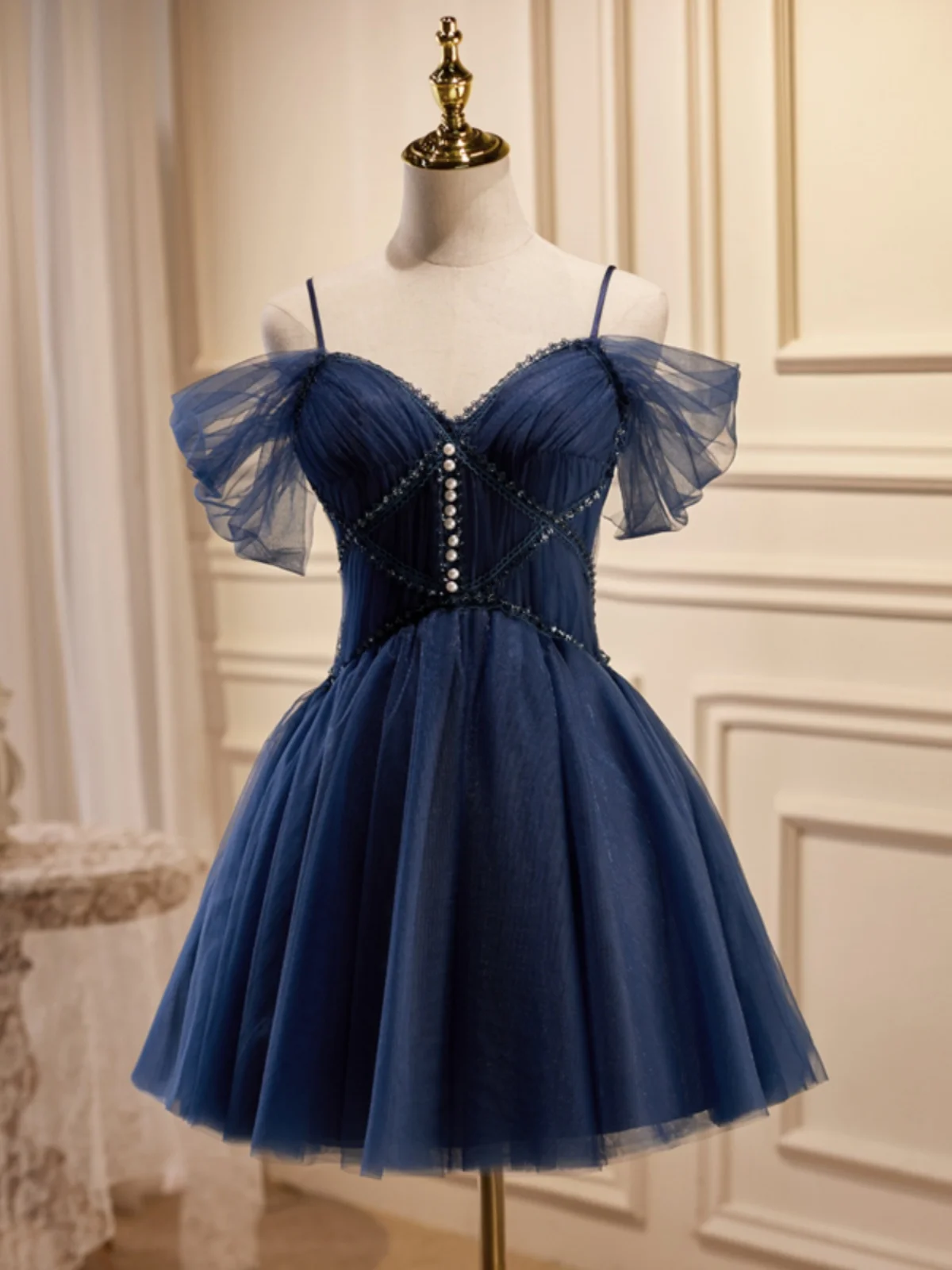 Strap Dress Female Host Annual Party Birthday Banquet Evening Dress Party Short Yarn Dress Navy Blue Homecoming Graduation Dress