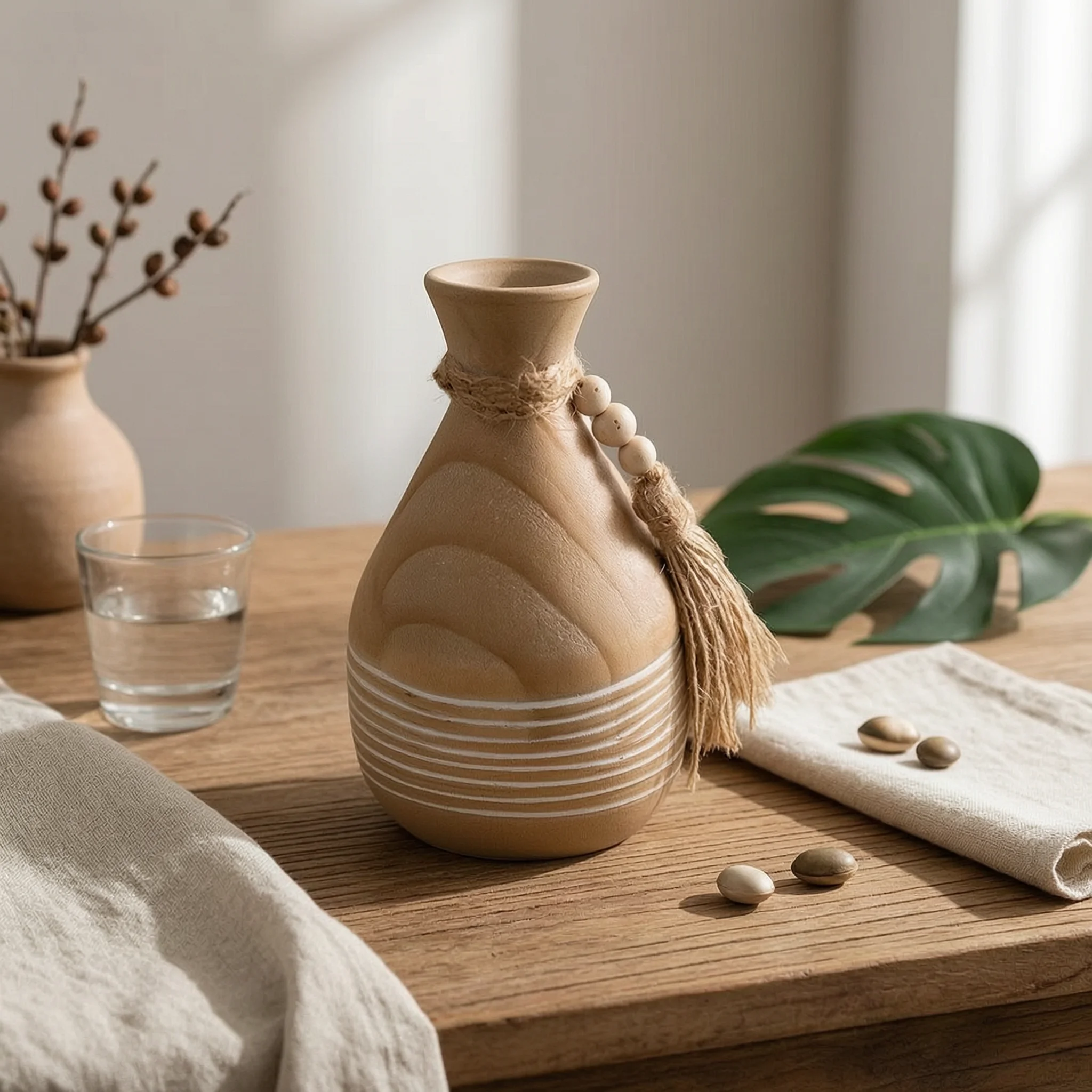 Wooden Vase Striped Vase with Tassel Vessel Artisanal Unique for Homeowners, Tabletop, Shelf
