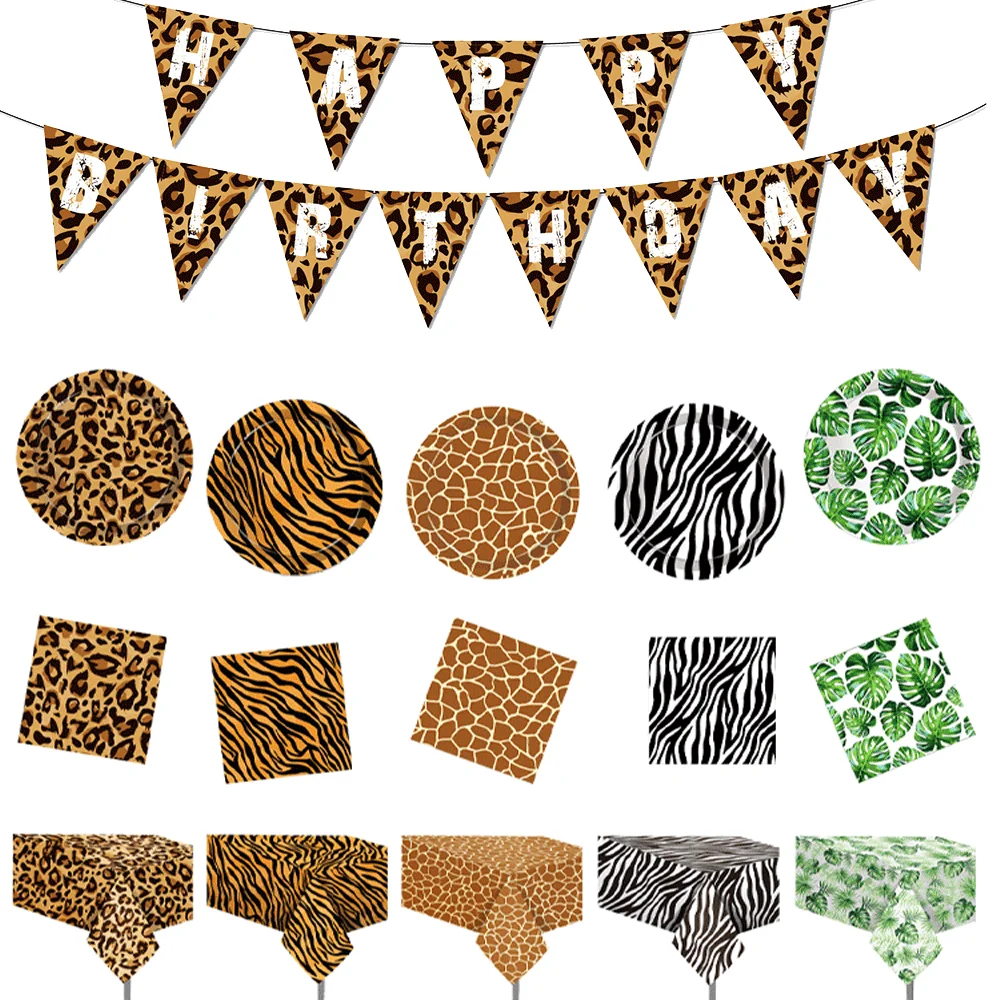 Safari Birthday Woodland Animal Disposable Tableware Tiger Leopard Palm Leaf Print Jungle Plates Cups Balloons Party Decorations