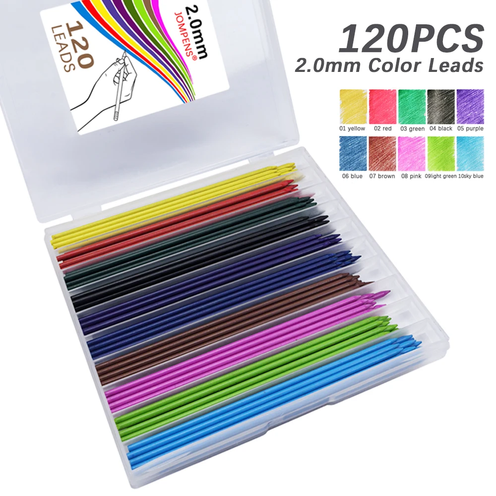 120 Stück/Box Großkapazitäts-Druckbleistiftminen 2B 2,0MM 10 Farben Austauschbare Minen Automatischer Bleistift Schreib- und Zeichenzubehör – Detail 2