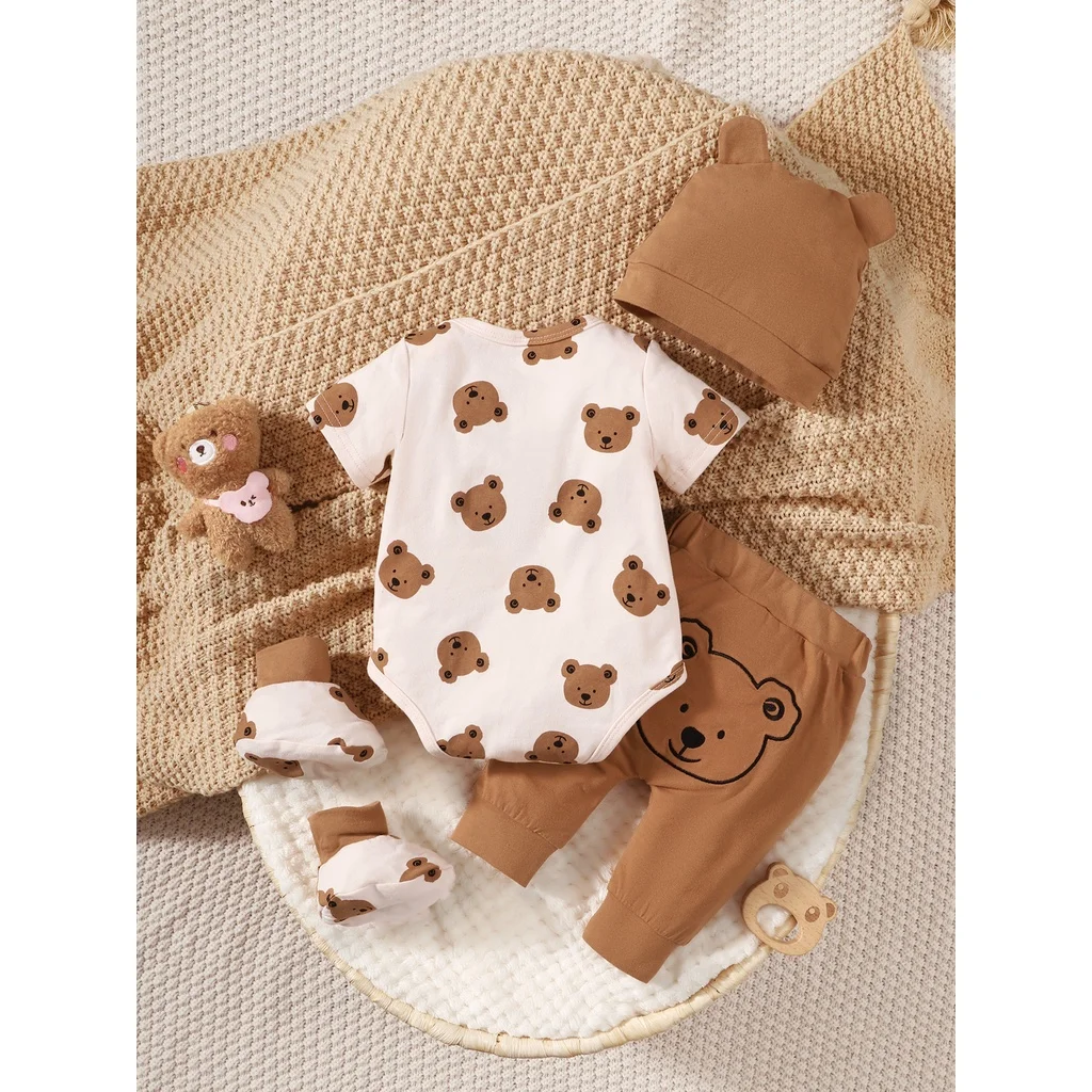 0-9 Months Newborn Baby Boy 4PCS Clothing Set Bear Print Short/Long Sleeve Bodysuit+Pants+Hat+Sock Cute Baby Photograph Outfit