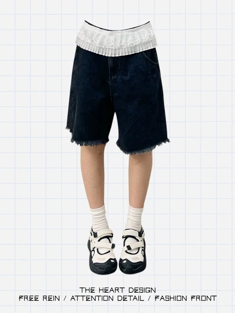 

Retro American Bla Denim orts Women's High Street Fringed Loose Slim Wide Leg Five-Quarter Mid-Pants Casual Wear