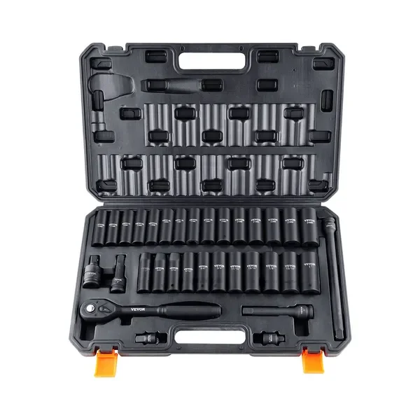 

33-Piece 1/2' Drive Impact Socket Set, SAE 3/8'-1' & Metric 10-24mm, 6-Point Cr-V Steel, with Storage Case