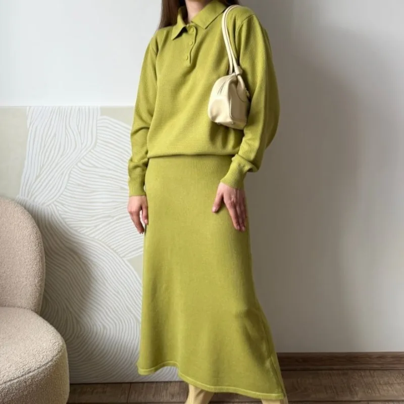 

Retro casual Loose Solid long sleeve knit sweater Pullover and Lace up elastic waist Skirt 2-piece set winter Women's Suit Woman