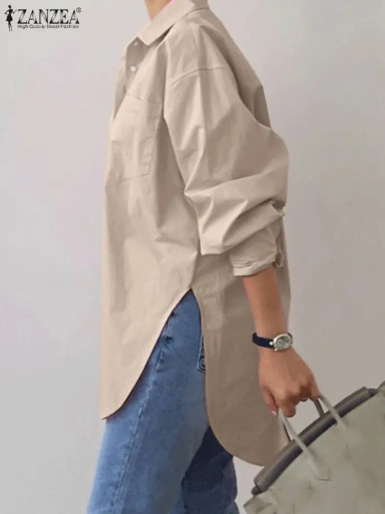 2023 ZANZEA Spring Elegant Blouse Stylish Women Lapel Neck Long Sleeve Shirt Loose Solid Split Hem Tops Oversize OL Work Blusas