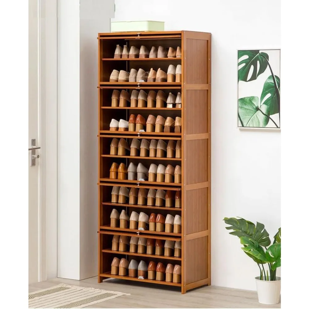 Tall Bamboo Shoe Storage Cabinet Free Standing Shoe Shelf Storage Rack with Flip Doors Shoes Heels Storage Cabinet Organizer