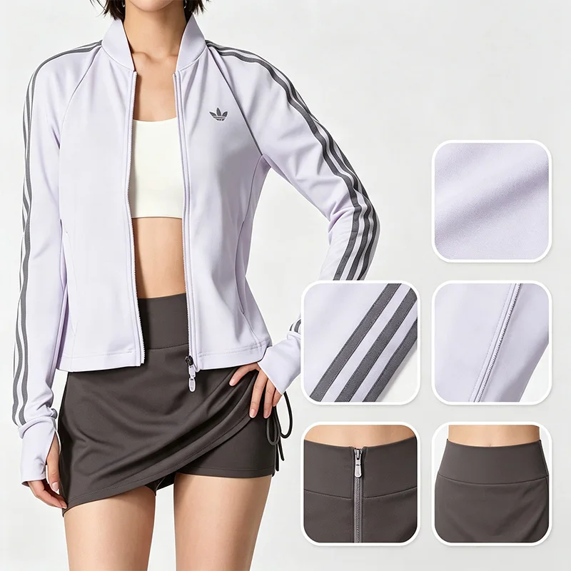 Adidas Trefoil Vintage Fashion Jack Women Knit Cropped Jacket Regular Fit Funnel Collar Full Zip Polka Dot Sports Outerwear 3