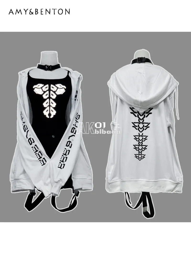 Goth Pure White Harajuku Two-dimensional Printing Long Sleeve Hooded Zip Up Hoodie Y2K Subculture Girl Oversized Hoodies Women