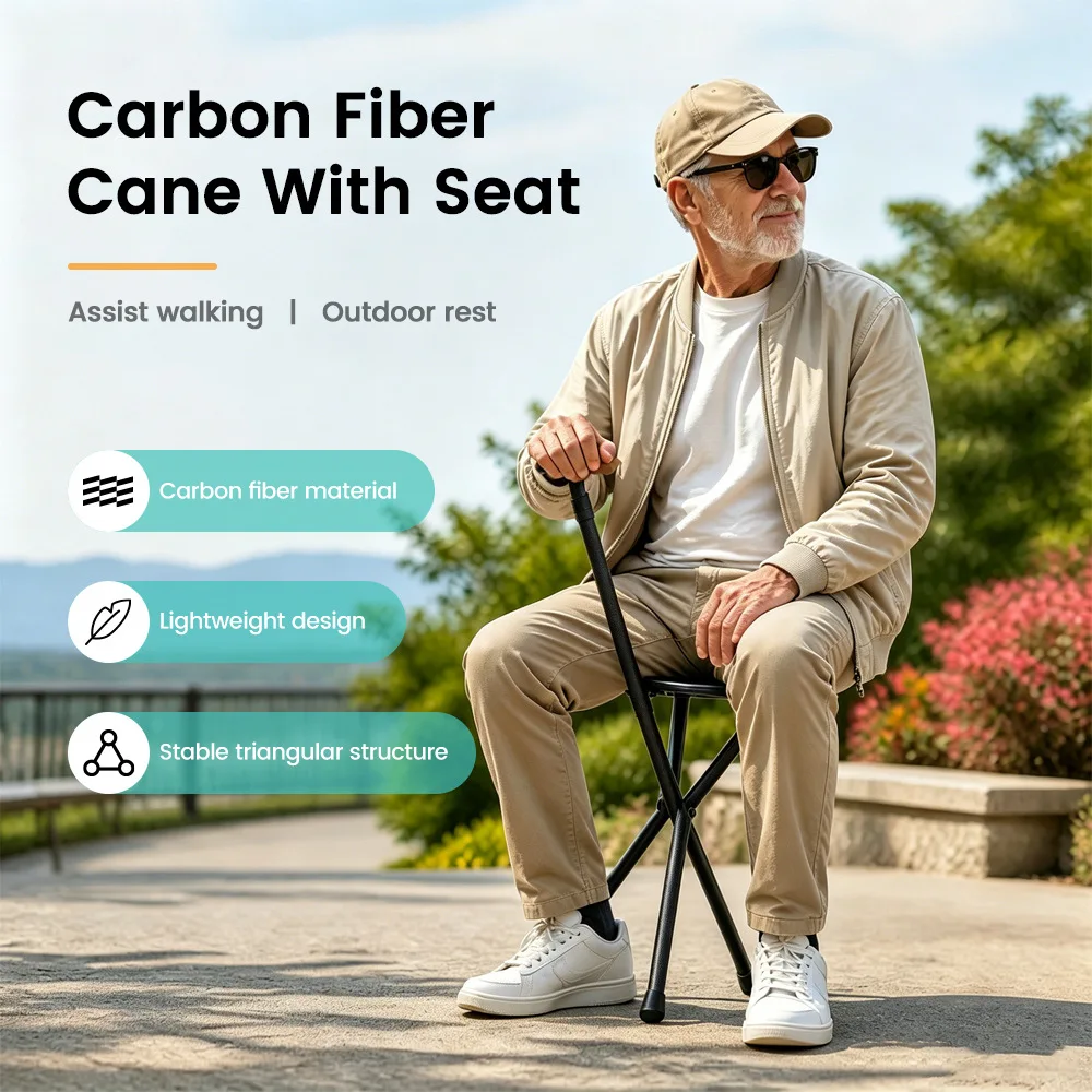 45CM Carbon Fiber Folding Walking Cane with Seat for Elderly Solid Wood Handle Walking Stick Chair Outdoor Mobility Aid Crutch