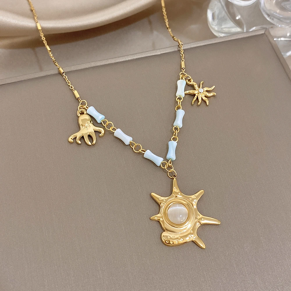 

Freetry Unique Bamboo Knot Large Starfish Pendant Stainless Steel Necklace for Women Non Fade Waterproof Golden Necklace Jewelry