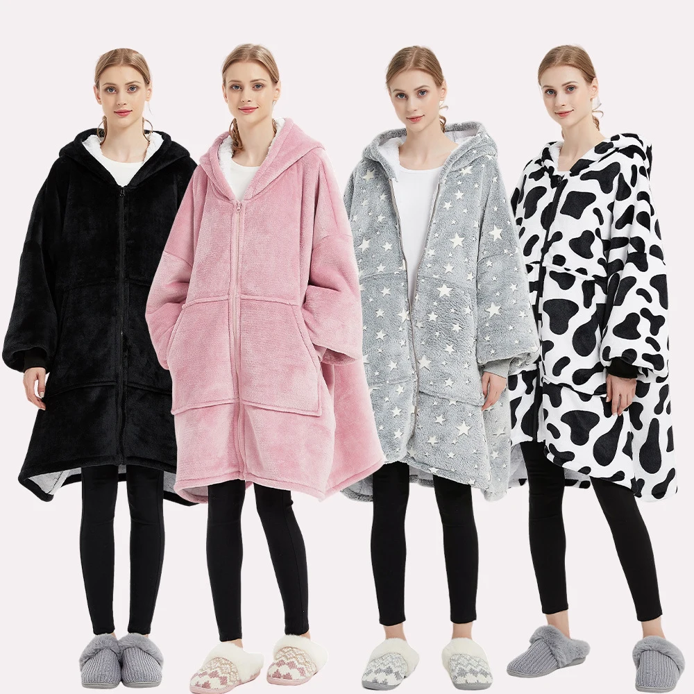 Winter Leisure Lazy Blanket Hooded Couple Zipper Pajamas Home Clothes Warm Sleepwear Ultra-Thick Lamb Velvet Nightgown