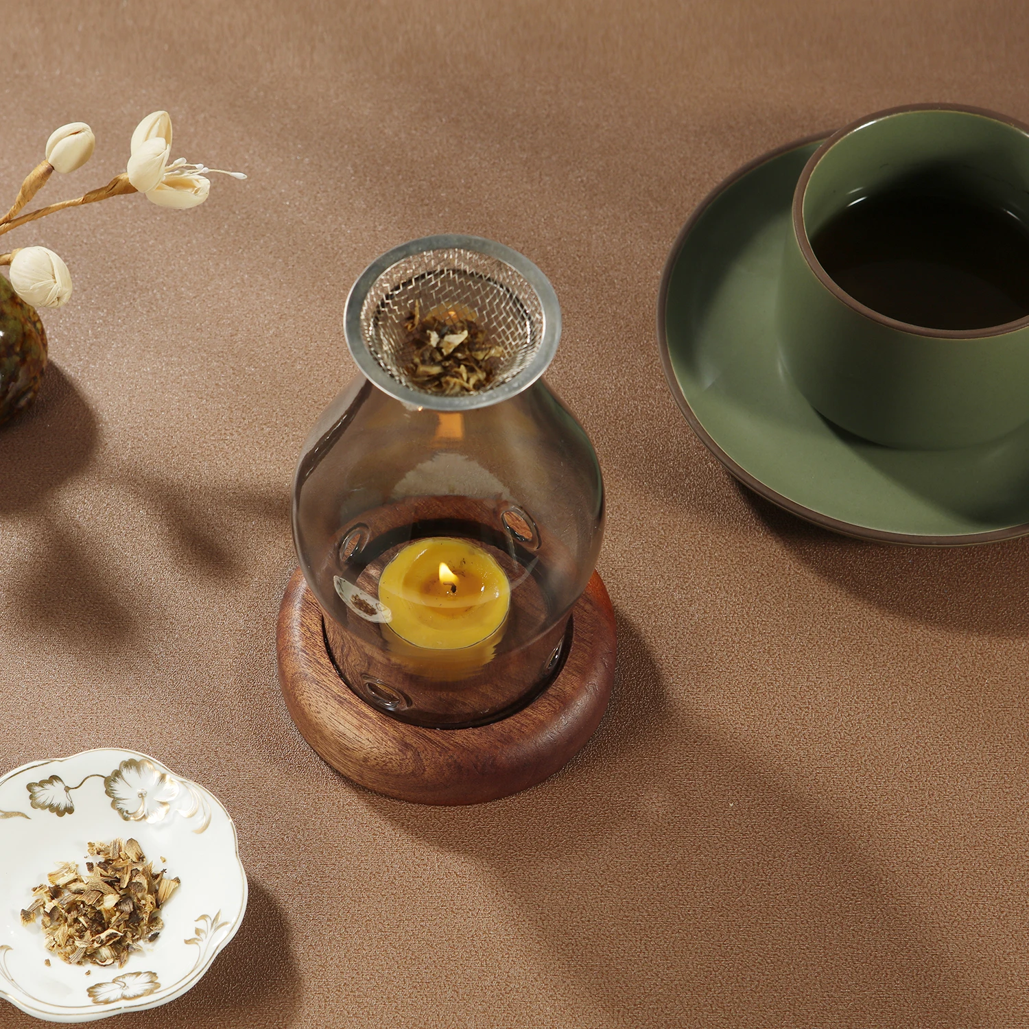 Kerzenhalter aus Glas, Aromatherapie-Heizhalter mit Holzsockel, Aromatherapie-Räuchergefäß für Yoga, SPA, Aromatherapie – Detail 4