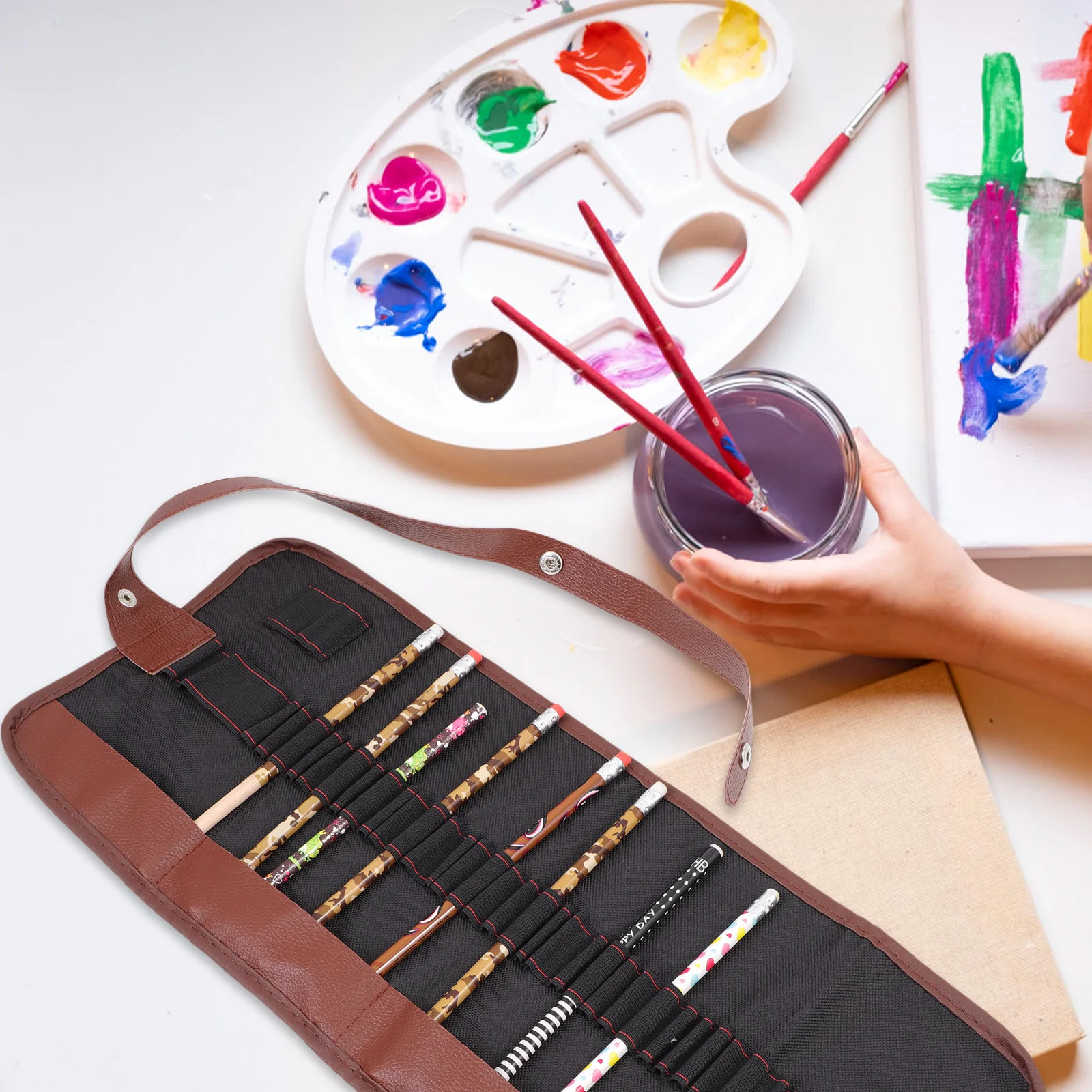 

2Pcs Large Capacity Pencil Bags Black Case Stylish Drawing Pencils Canvas Stationery ganizer Pen Curtain Bag Storage Slot Eraser