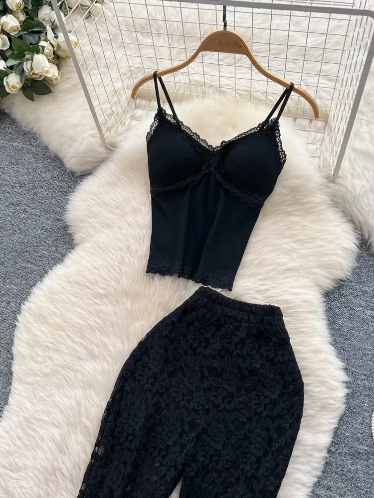 

Женский летний модный комплект Pure Desire Spicy Girl, облегающий жилет на бретелях с высокой талией, облегающие кружевные расклешенные брюки, костюм из двух предметов