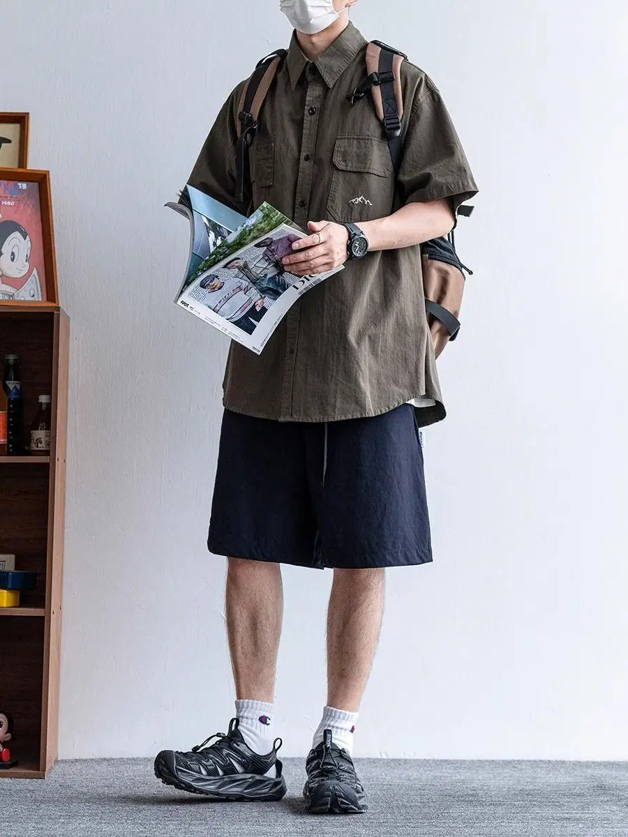 Summer Japanese Retro Short Sleeve Casual Shirt CityBoy Leisure Five Sleeve Workwear Shirt Jacket Trendy Men's Loose Fit Yout...