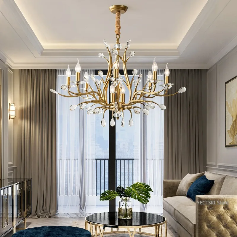 American style luxury crystal chandelier, minimalist bedroom light, creative tree branch, golden art restaurant chandelier