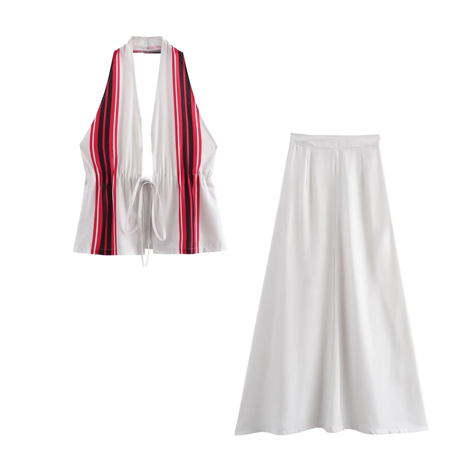 Conjunto de Dos Piezas JNLEAOG Primavera Nuevo Diseño de Moda para Mujer, Top Corto Estampado y Falda Larga, Manga Larga, Cue...
